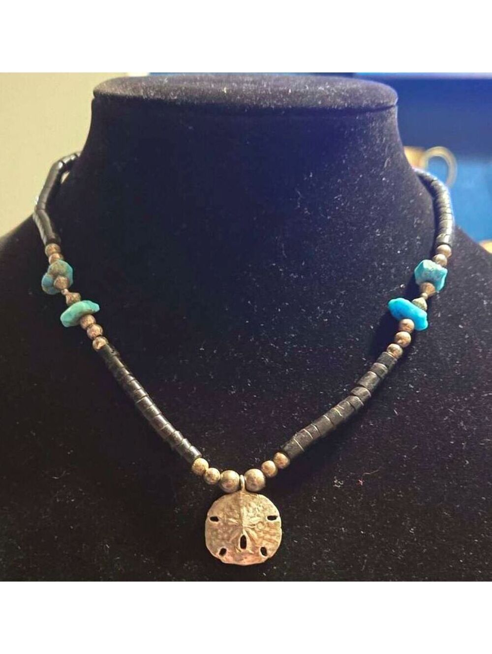 Sand Dollar Pendant Necklace with Turquoise and Heishi Beads